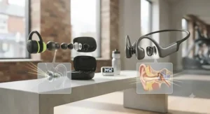 Side-by-side comparison icon showing in-ear isolation for traditional earbuds versus open-ear acoustics for bone conduction.