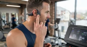 Hand of a runner pressing the physical multi-function play and volume button on a sports headset mid-stride.