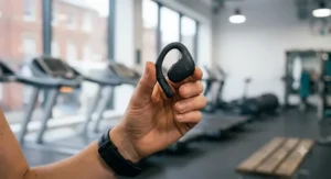 User tapping touch-sensitive wireless earbuds to change tracks while jogging on a treadmill.