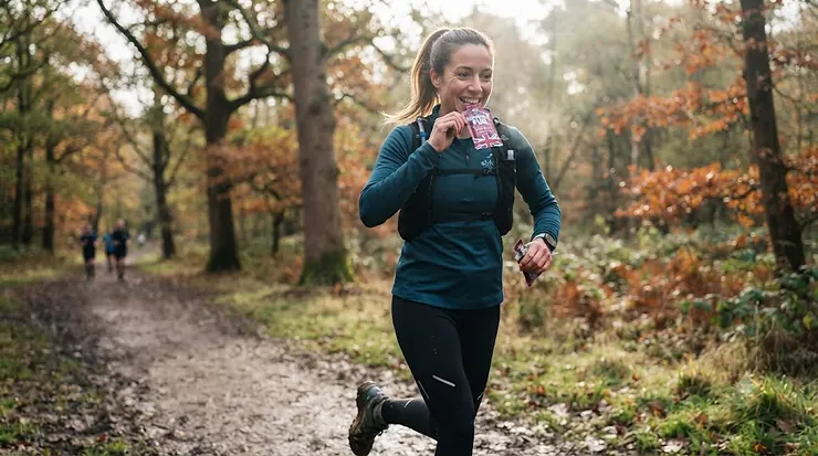 Runner consuming an energy gel during a morning training session in a UK park, highlighting endurance nutrition for running. energy gels for running