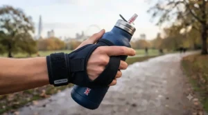 Close-up of a runner's hand using an ergonomic insulated sports bottle with an adjustable strap for a secure grip.