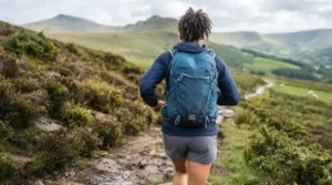 Rear view of a trail runner demonstrating the secure, bounce-free fit of a running backpack with a water bladder.