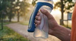 A side view illustration demonstrating how the bottle is contoured to fit the curve of the palm and taper for natural hand placement.