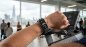 A dynamic shot of the fit woman from image 0.png running on a treadmill, her arms pumping with the fitness tracker clearly visible on her left wrist.