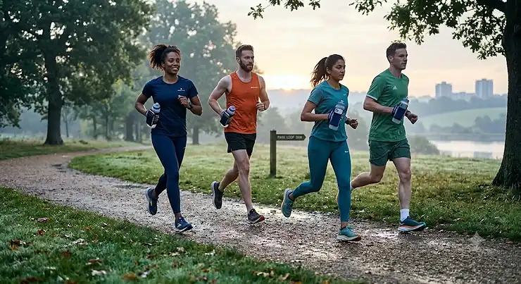 A group of four diverse runners using handheld bottles with integrated phone holders while training on a damp gravel path in a London park at dawn. handheld running bottle with phone holder