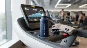 Insulated gym water bottle placed on a treadmill console inside a British fitness club during an indoor training session.