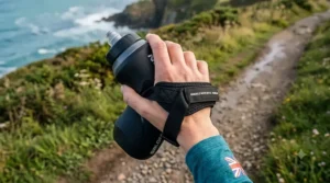 Close-up of a runner's hand secured in a handheld water bottle strap for stability.