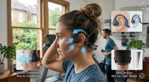 An illustration showing the proper fit of bone conduction headphones behind the ears for a stable treadmill workout.