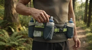 Lightweight running belt holding multiple small soft flasks.