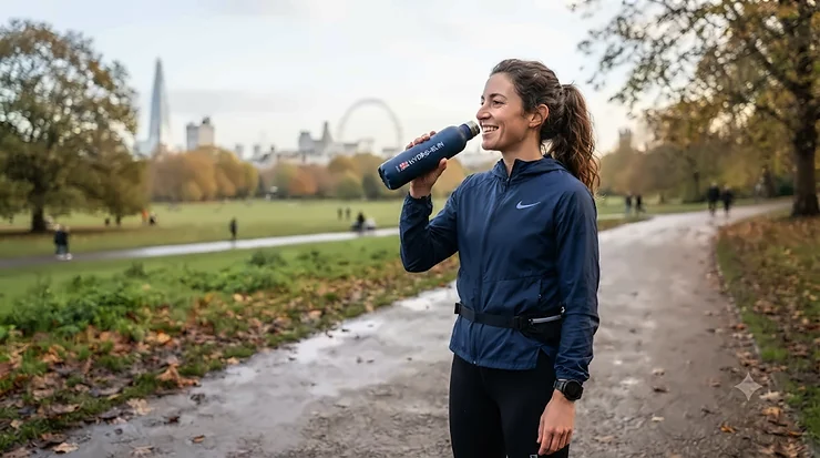 Runner holding a stainless steel insulated running bottle on a morning jog through a London park. insulated running bottle