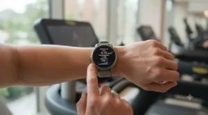 Using the interval timer feature on a running watch for a structured treadmill workout.