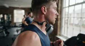 Sweat droplets beading on a durable, moisture-resistant running headphone band during an intense indoor cardio workout.