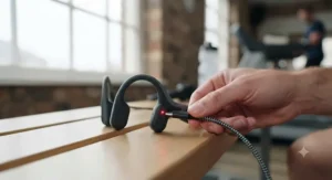 USB-C fast-charging cable plugged into a wireless sports headset on a bench inside a local leisure centre.
