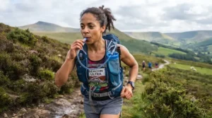 Ultra-marathon runner taking a drink from the tube of a high-capacity running backpack with water bladder during a endurance race.