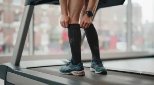 A man adjusting his compression socks in a gym setting before starting his treadmill run.