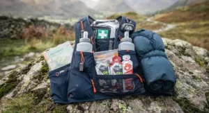 Flat lay display of UK race mandatory kit packed inside compartments of a race vest for ultramarathon races.