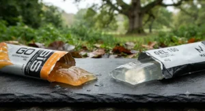 Visual demonstration of the runny, isotonic consistency of a Science in Sport gel next to the firm, encapsulated hydrogel structure of a Maurten gel.