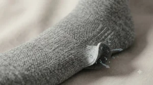 A close-up photograph of the advanced, breathable fabric used in the technical running socks, highlighting its moisture-wicking properties.