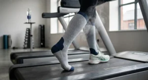 Technical moisture-wicking treadmill socks designed to keep feet dry during long runs.