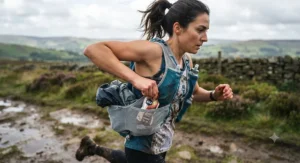Trail runner reaching for an energy gel in the rear stash pocket of a Nathan running vest on a muddy path in the UK.