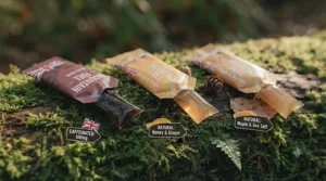 Selection of natural and organic running energy gels laid out on a wooden surface for endurance athletes.