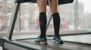 Athlete resting after a treadmill session, highlighting the comfort of wearing compression socks.
