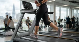 Rear-view focus on the legs of the athletic woman running on the Matrix treadmill, with the fitness tracker visible on her left wrist.