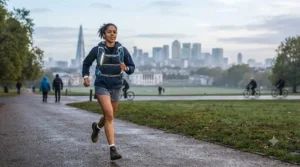 Runner with a reflective running backpack with water bladder running through a British city park during an early morning commute.
