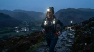 Reflective safety details illuminated on the back of a running hydration vest for low-light visibility.
