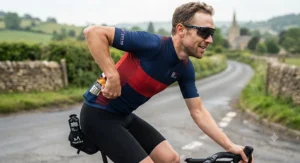 British long-distance runner consuming an energy gel from a hydration belt during a weekend training run through a UK park.