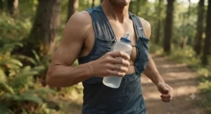 Runner holding a rigid water bottle showing arm-swing balance.