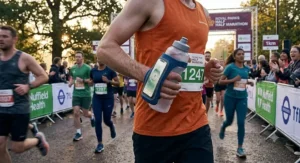 A photorealistic illustration of a runner gripping their handheld water bottle with integrated phone holder on a busy city race day.