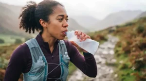 A trail runner drinking from a soft flask whilst running on a muddy path in the UK Lake District.