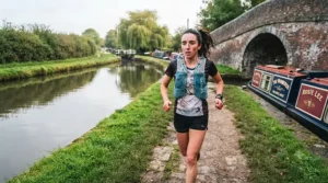 Runner wearing a Nathan hydration vest jogging along a scenic British canal towpath on an overcast morning.