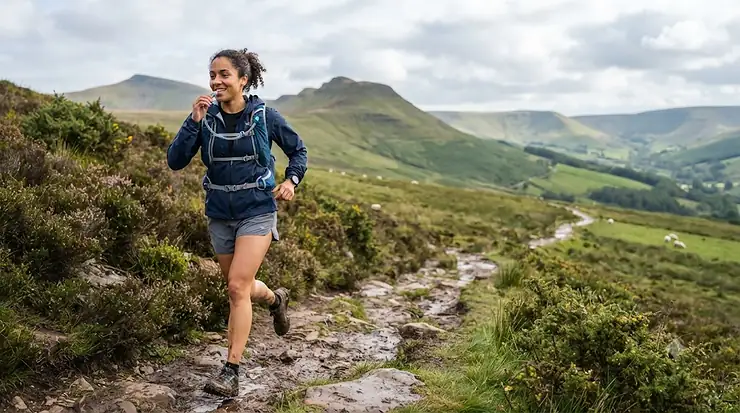 A runner wearing a high-performance running backpack with a water bladder on a scenic trail in the Peak District. running backpack with water bladder