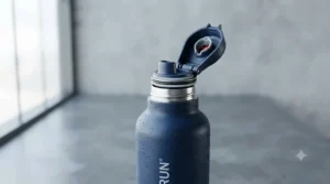 A compact insulated running bottle tucked securely into a trail running waist pack during a cross-country run.