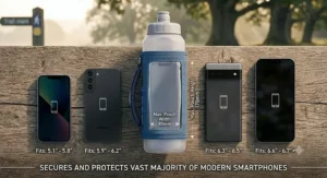 A diagrammatic flat lay illustration showing common smartphone sizes fitting within the expandable storage pouch.