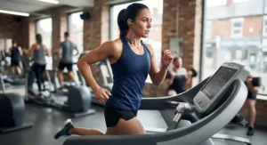Athlete doing a fast sprint on a gym treadmill, demonstrating the secure, bounce-free fit of lightweight sports earphones.