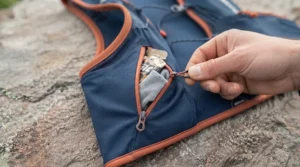 Runner accessing secure zip pockets on a running hydration vest for nutrition gels and mobile phone.