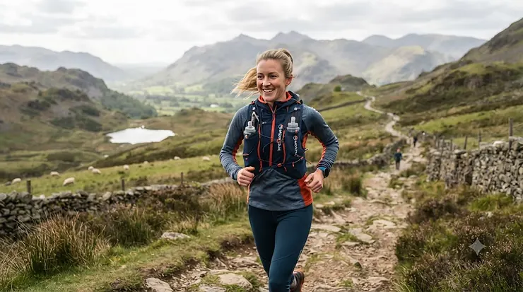 Runner wearing a lightweight running hydration vest during a trail run in the British countryside. running hydration vest