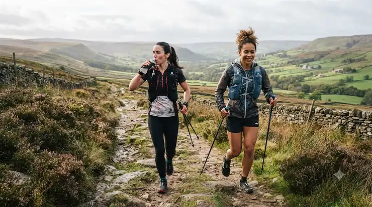 Side-by-side comparison of a Salomon and a Nathan running hydration vest on a trail runner in the Peak District, illustrating fit and design differences. Salomon vs Nathan hydration vest