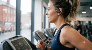 Ergonomic wireless earbuds designed to stay in place during fast-paced treadmill sprints.