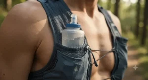 Soft flask securely stowed in a running vest chest pocket.