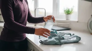 A runner securing a soft flask into the front chest pocket of a technical running vest.