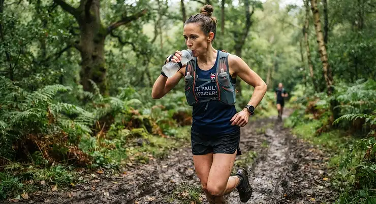Runner comparing a soft flask and a handheld bottle for hydration. soft flask vs handheld bottle for runners