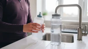 Side-by-side comparison of a flexible soft flask and a rigid plastic water bottle on a kitchen worktop.