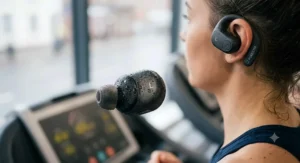Close-up of sweat-proof wireless earbuds showing moisture-repellent coating for heavy treadmill sessions.