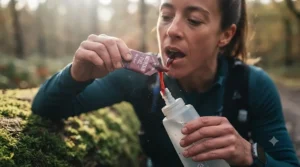 Runner drinking water alongside an energy gel to aid digestion and maintain hydration during long-distance running.
