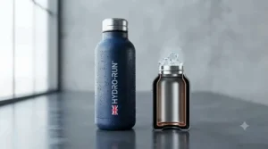 Cutaway diagram of an insulated running bottle showing double-walled vacuum insulation keeping water cold during a workout.