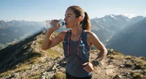 Trail runner drinking from a soft flask during a long-distance run.